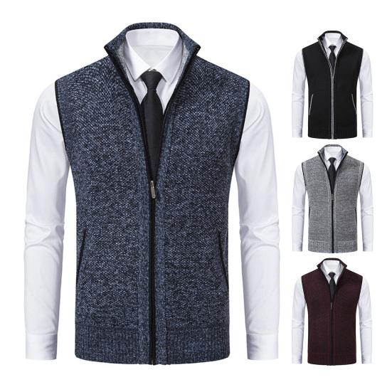 Мужской осенне-зимний жилет, пальто с воротником-стойкой, вязаный кардиган на молнии, защита шеи, без рукавов, приталенный крой, теплая повседневная мягкая мужская куртка средней длины