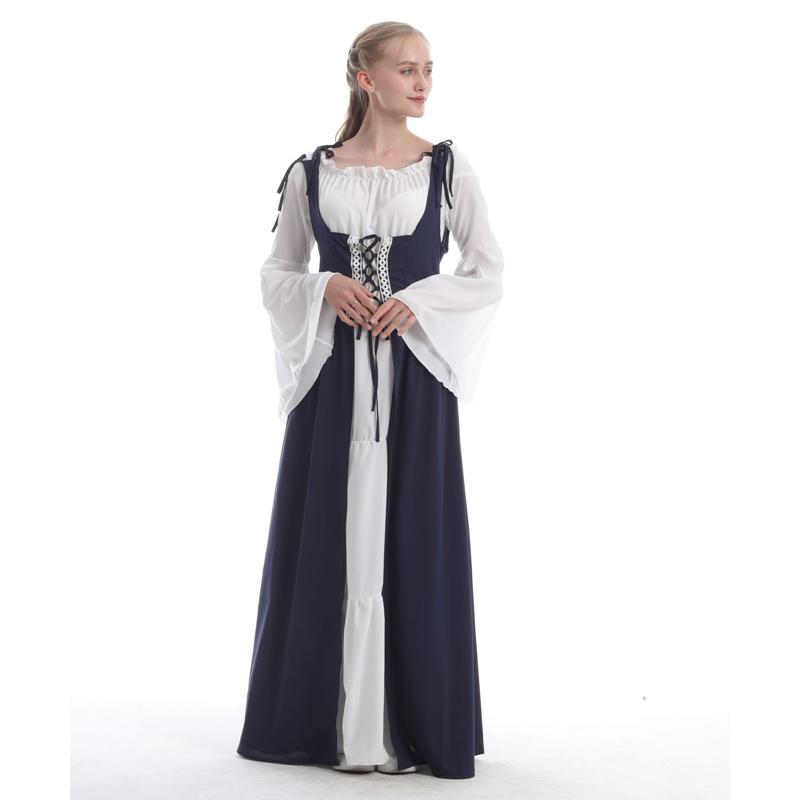 S~5XL Large Size Women Retro Cosplay Dress Medieval Renaissance Retro Dress with Square Collar Bundled Waist Halloween Party