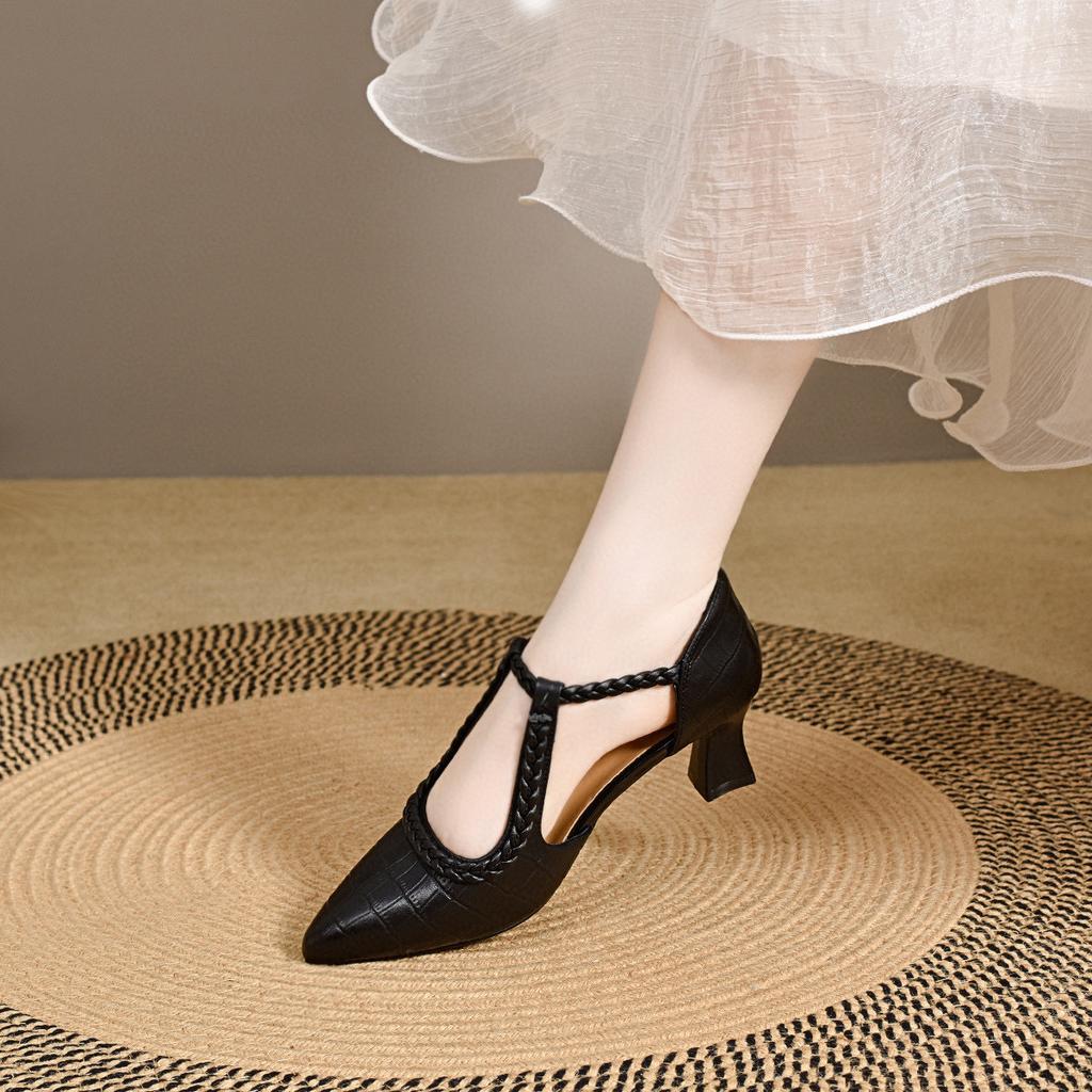 Pointed high-heeled sandals women's 2025 summer European and American style hollow T-button woven thin-heeled hollow sandals fashion shoes