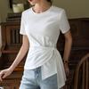 Short-sleeved T-shirt for Women's Summer New Women's Solid Color Round Neck Cotton T-shirt Irregular Strap Waist Top