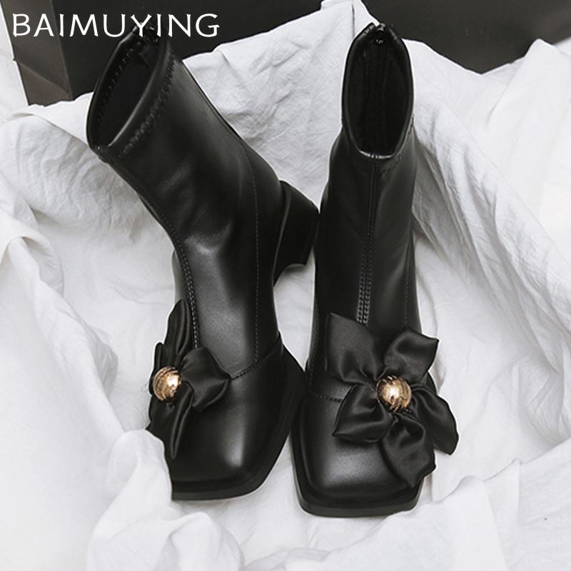 Цветочные женские ботильоны из кожи с квадратным носком и средним каблуком, дизайнерская обувь, новый бренд 2025 года, трендовая зимняя обувь на толстой подошве, женские ботинки