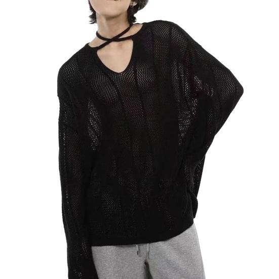 Осенне-зимний мужской свитер с ажурной резинкой и длинными рукавами, однотонный трикотажный пуловер