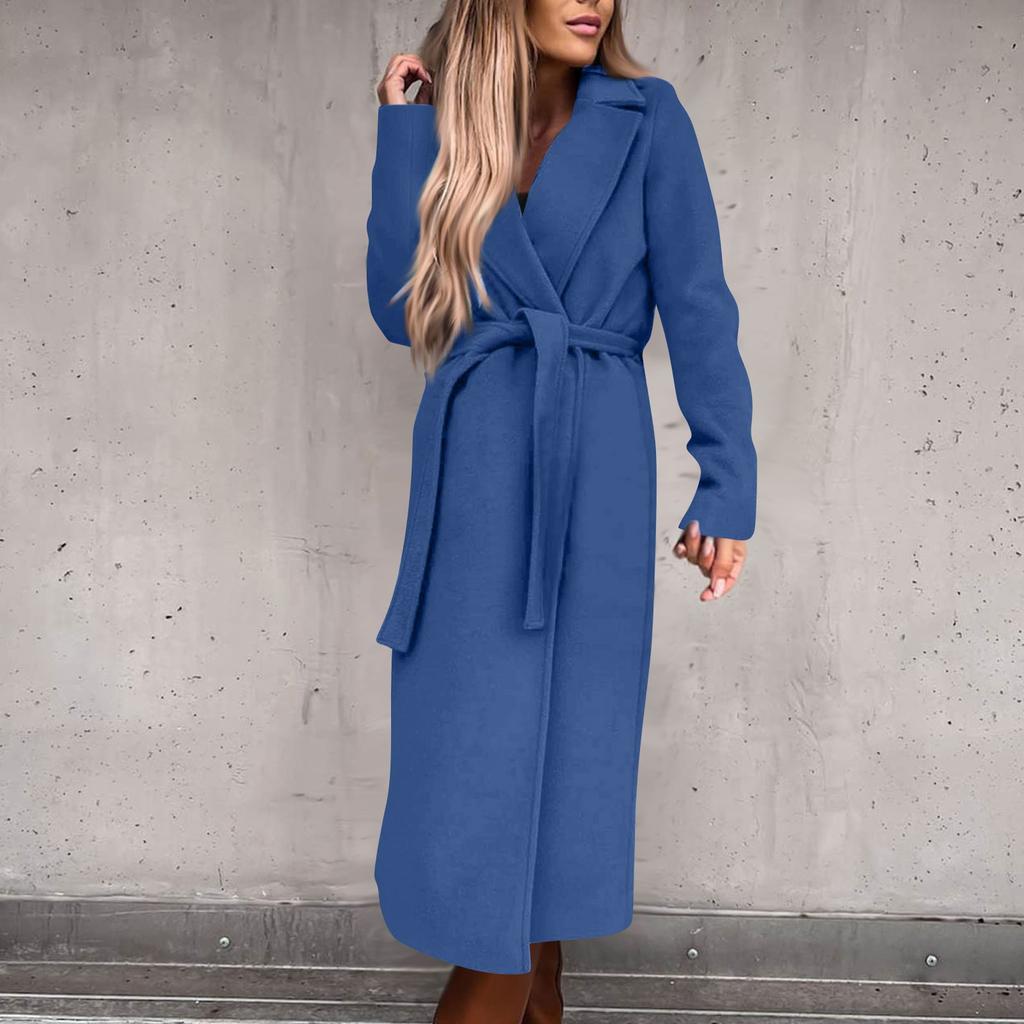 Women's Winter Woolen Coat Elegant Lapel Trench Coat Solid Color Long Jacket Work Tie Long Coat