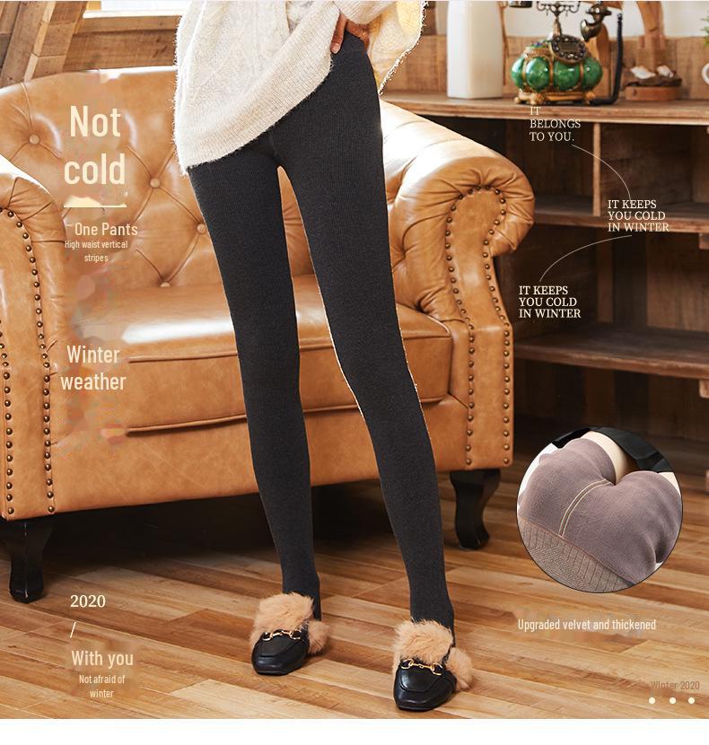 1900D Cotton Vertical Striped High-Waist Leggings with Plus Velvet, Skin-Tone, Slightly Compressive, for a Slim Look, Women's Footed Pantyhose.