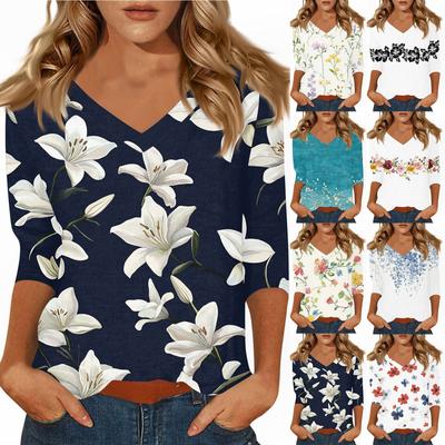 Женские повседневные футболки с рукавом 3/4, топы с V-образным вырезом