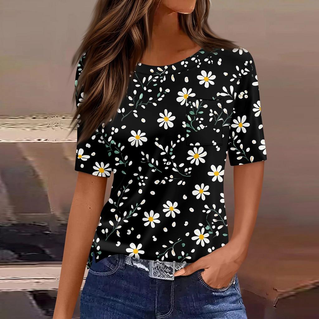 Футболки для женщин с круглым вырезом, нарядные повседневные блузки с принтом, короткие рукава, летние топы свободного кроя