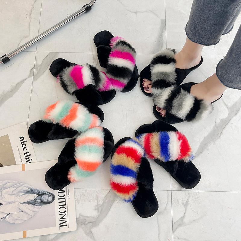 Большой размер 43 зимние новые стильные плюшевые тапочки для девочек роскошные пушистые меховые тапочки модная обувь плюшевые крестовые домашние теплые тапочки для женщин