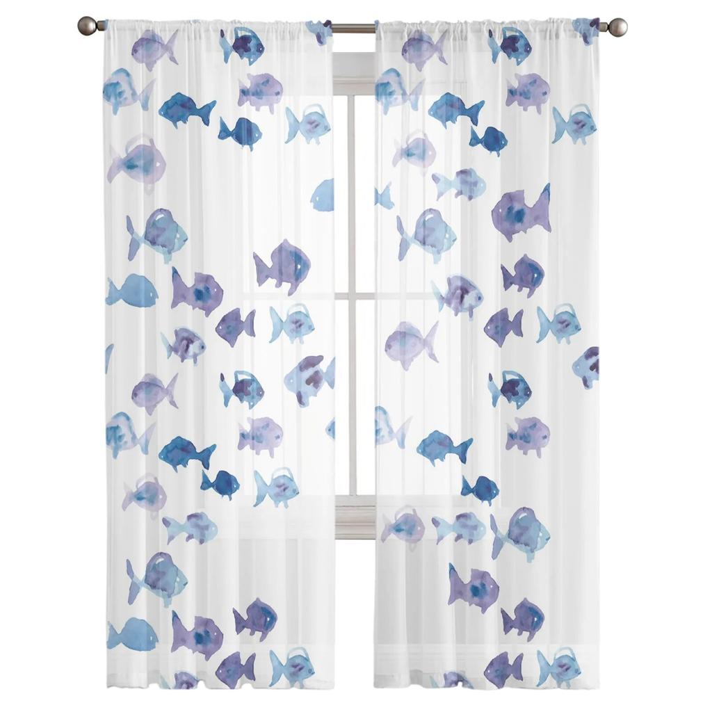 Фиолетовая рыбка, акварельная живопись, прозрачные оконные шторы для гостиной, спальни, украшения комнаты для девочек, тюлевые шторы