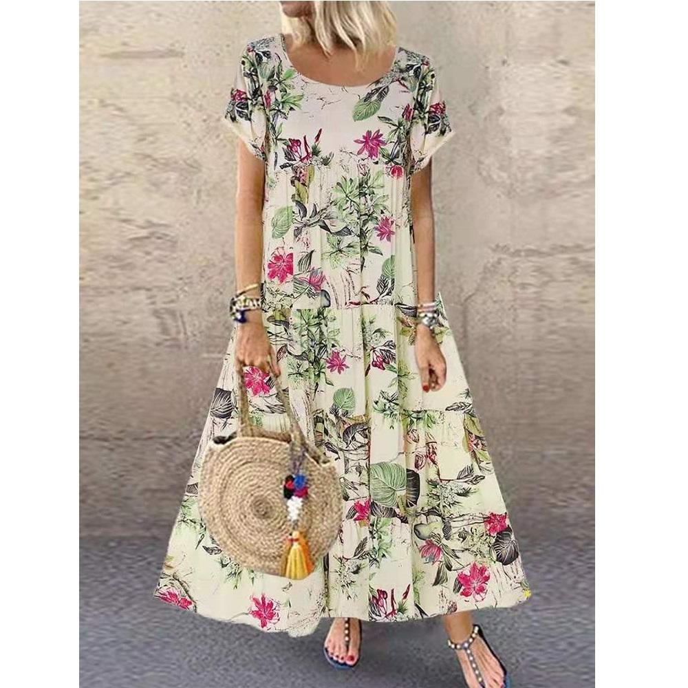 Летнее женское свободное повседневное женское платье с короткими рукавами и круглым вырезом