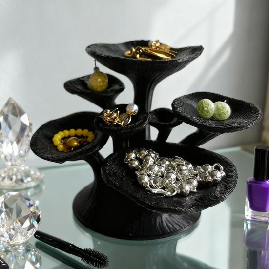 Black Mushroom Jewelry Stand 3D Printed 7-Tier Jewelry Holder Desktop Earring Tree for Rings Necklaces Bracelets