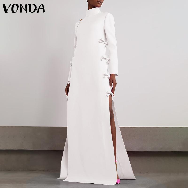 VONDA Женская мода с высоким воротом и длинным рукавом с разрезом, завязанные декоративные платья