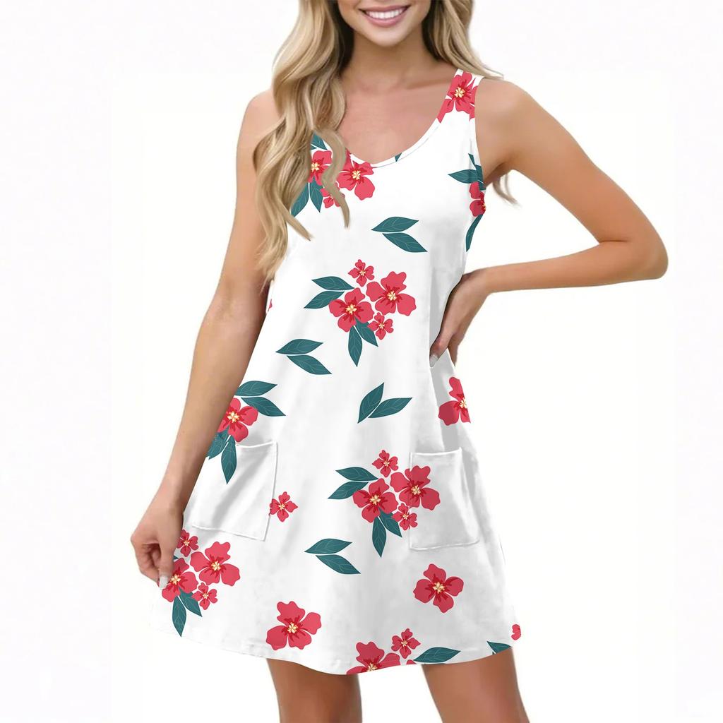 Женское повседневное летнее платье-жилет с карманами, цветочным принтом, V-образным вырезом, без рукавов