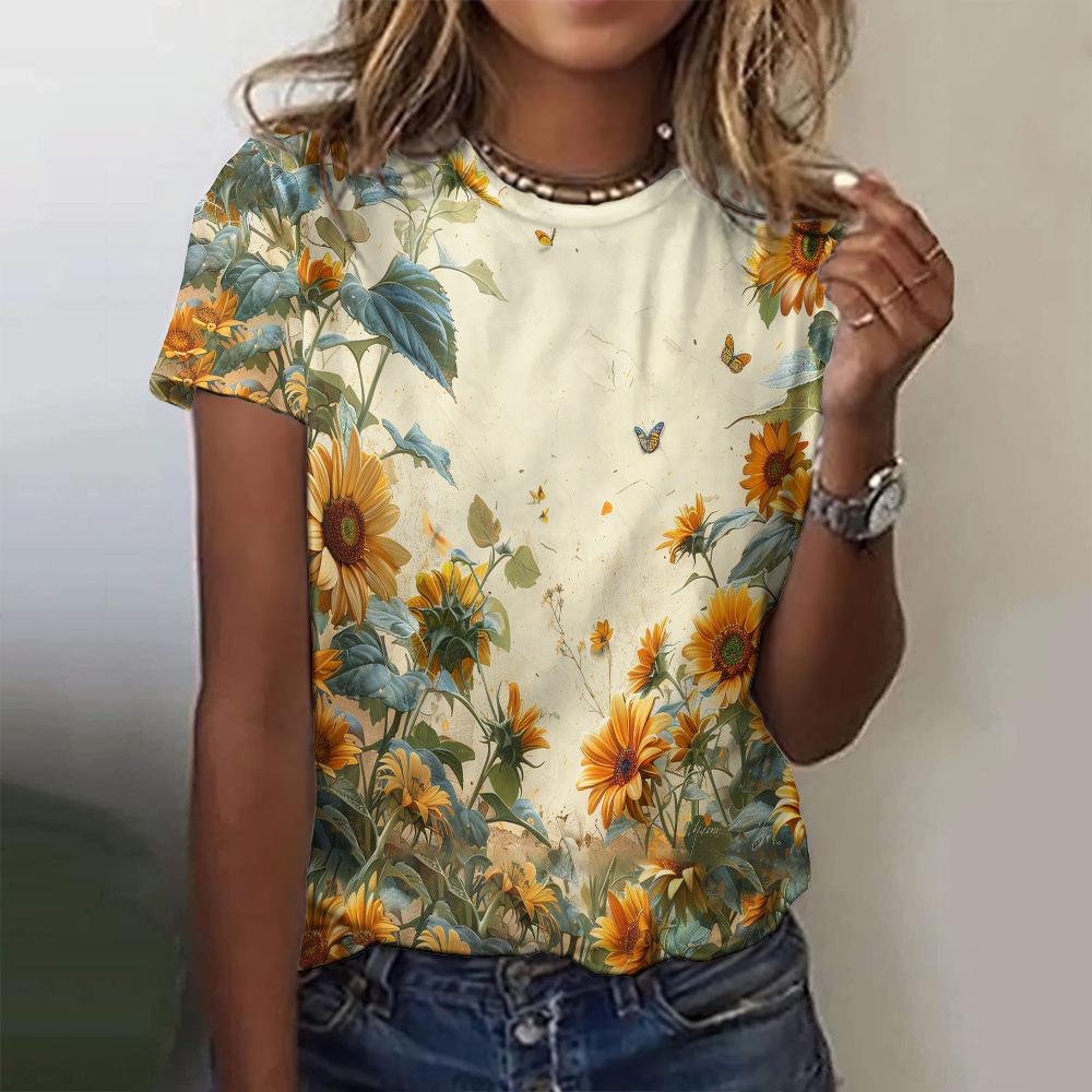 Ladies' Loose Summer Elegant Retro Women's Clothing 3D Printed Sunflower Top Short Sleeved T-shirt