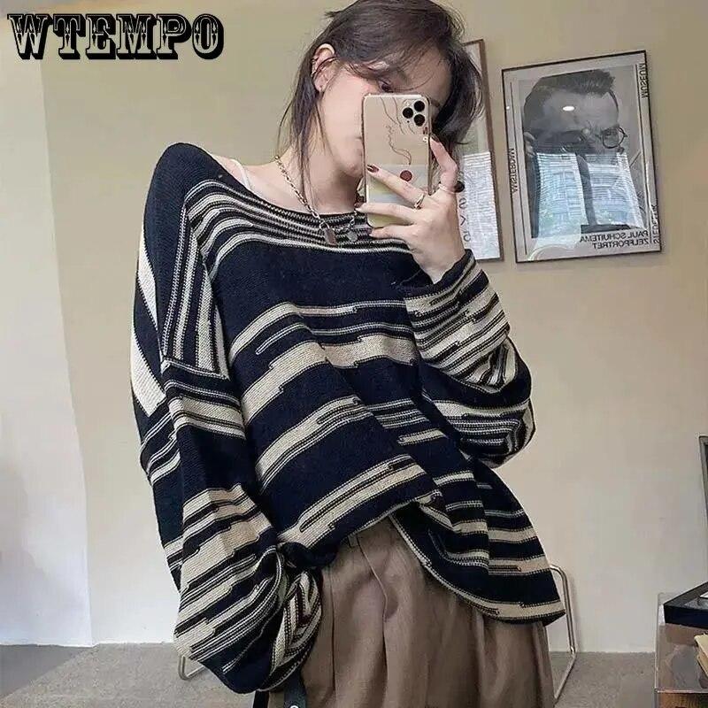 Полосатый вязаный свитер, женский винтажный свободный пуловер, полосатый топ с круглым вырезом и длинными рукавами, уличный трикотаж, Sueter Mujer, джемпер, весна-осень