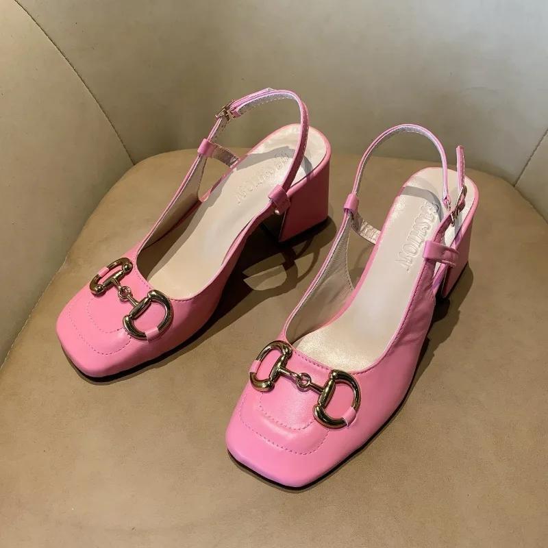 Женская обувь 2024 Металлическое украшение Женские туфли на высоком каблуке Модная пряжка Офисные Профессиональные Квадратный носок Толстый каблук Сандалии Zapatos