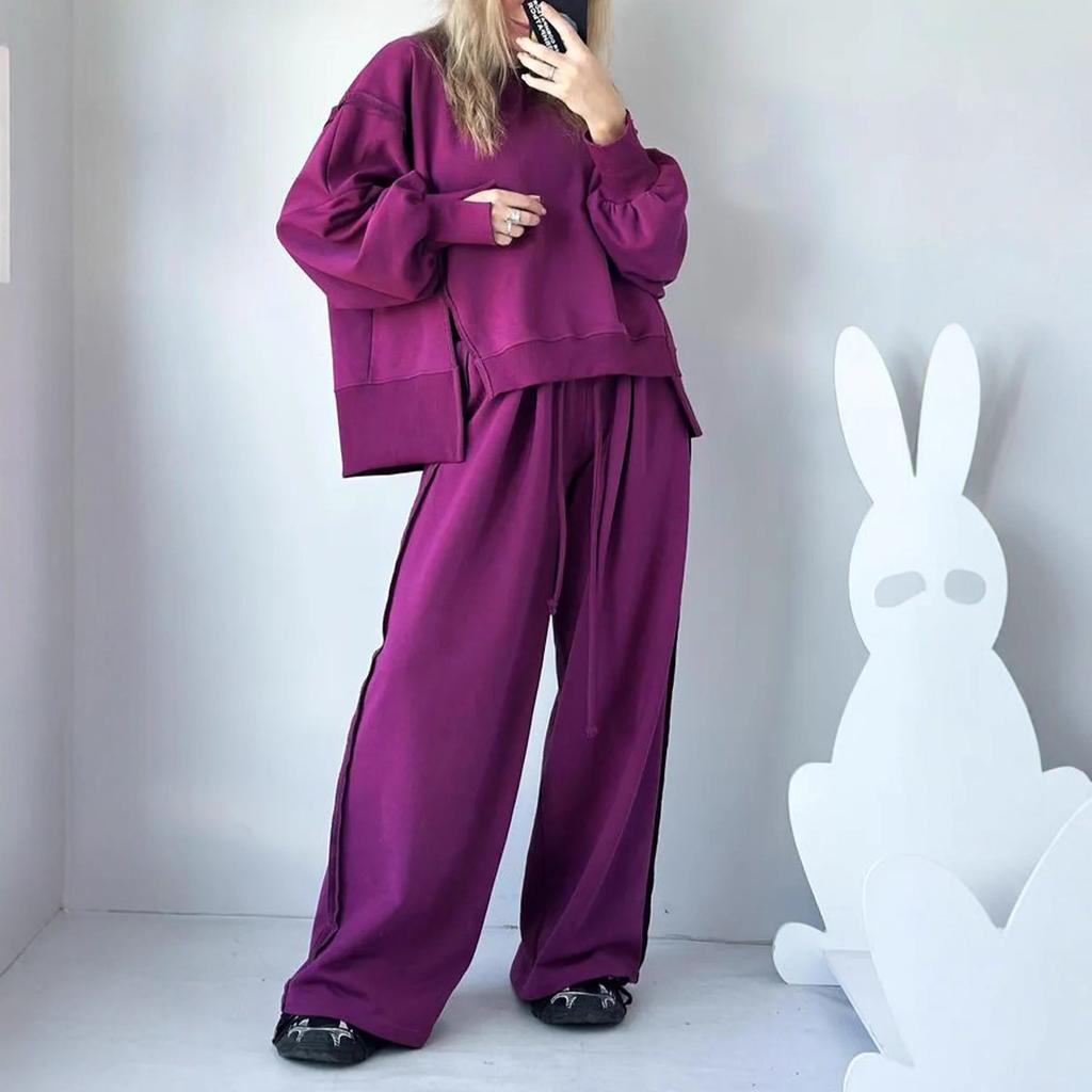 New Autumn and Winter Women's Fashion Casual Set Solid Color Long-sleeved Shirt Long Pants and Round Neck Two-piece Set
