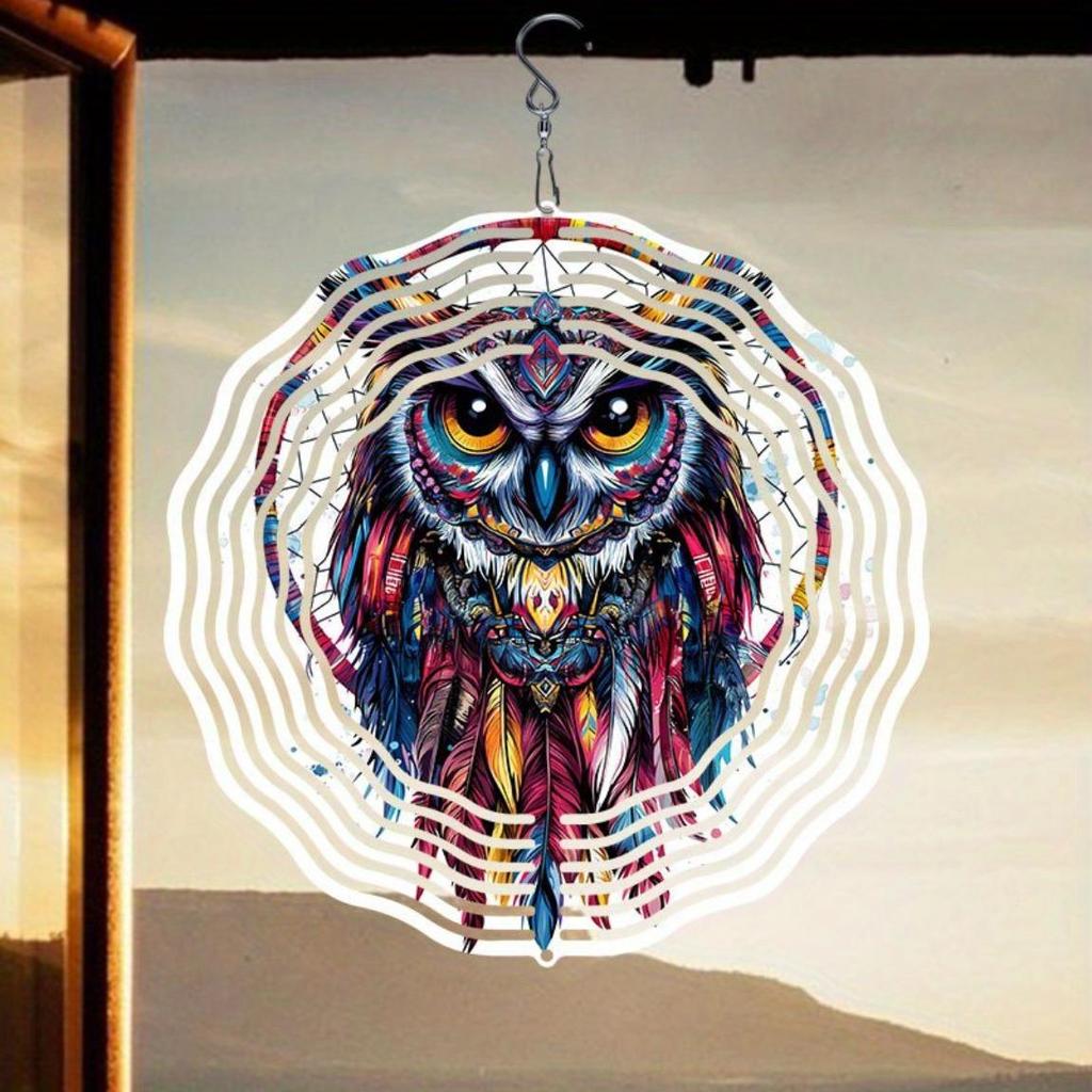 Colorful 2D Metal Owl Wind Spinner Vibrant Garden Patio Decor Outdoor Hanging Ornament for Thanksgiving Christmas Easy to Install No Power Needed