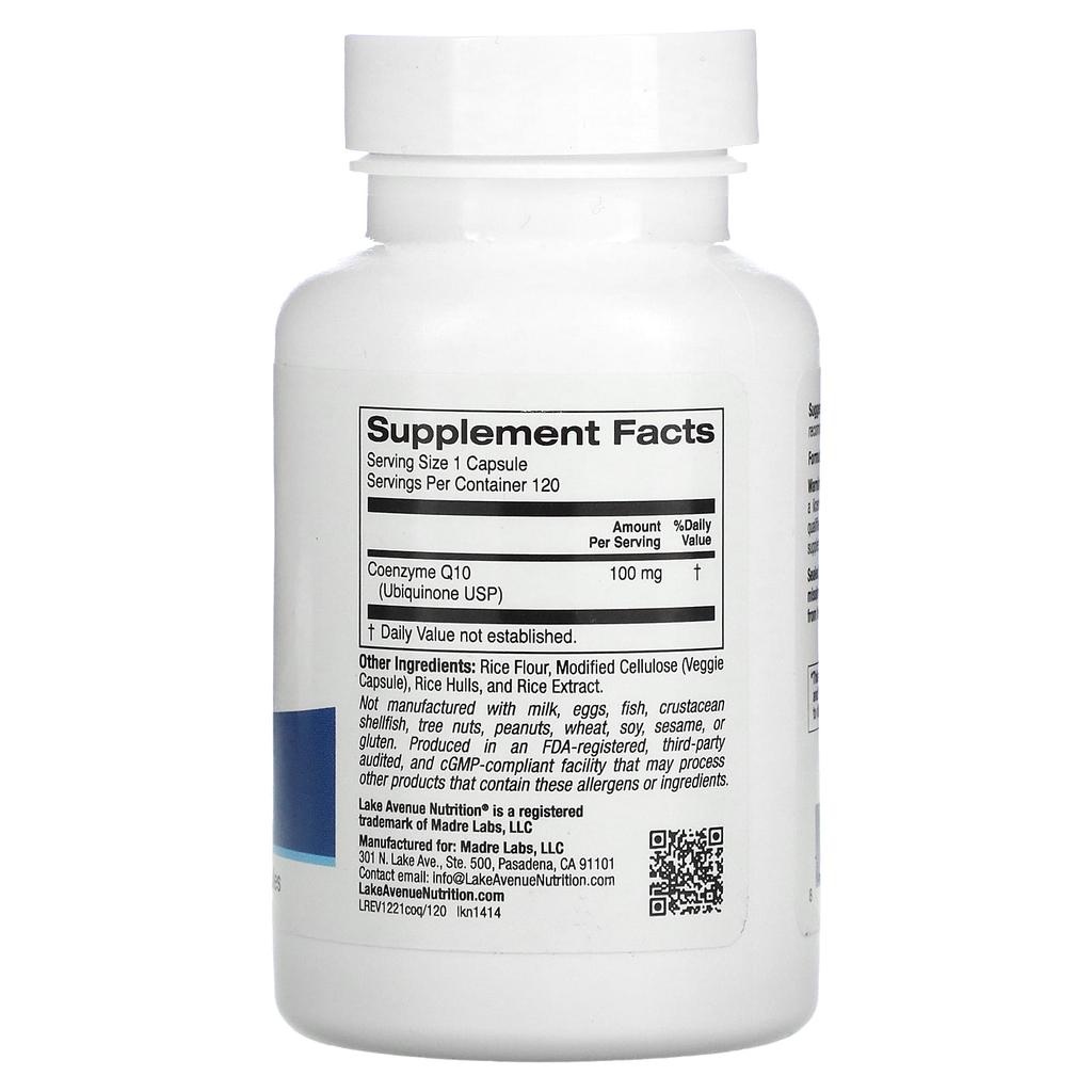 Lake Avenue Nutrition, CoQ10, Убихинон Фармакопейного Качества США, 100 мг, 120 Растительных Капсул
