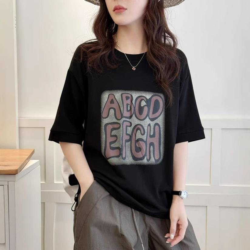 Dimanaf 2025 Летняя футболка женская с принтом букв, асимметричная, с коротким рукавом, свободная, белая, черная