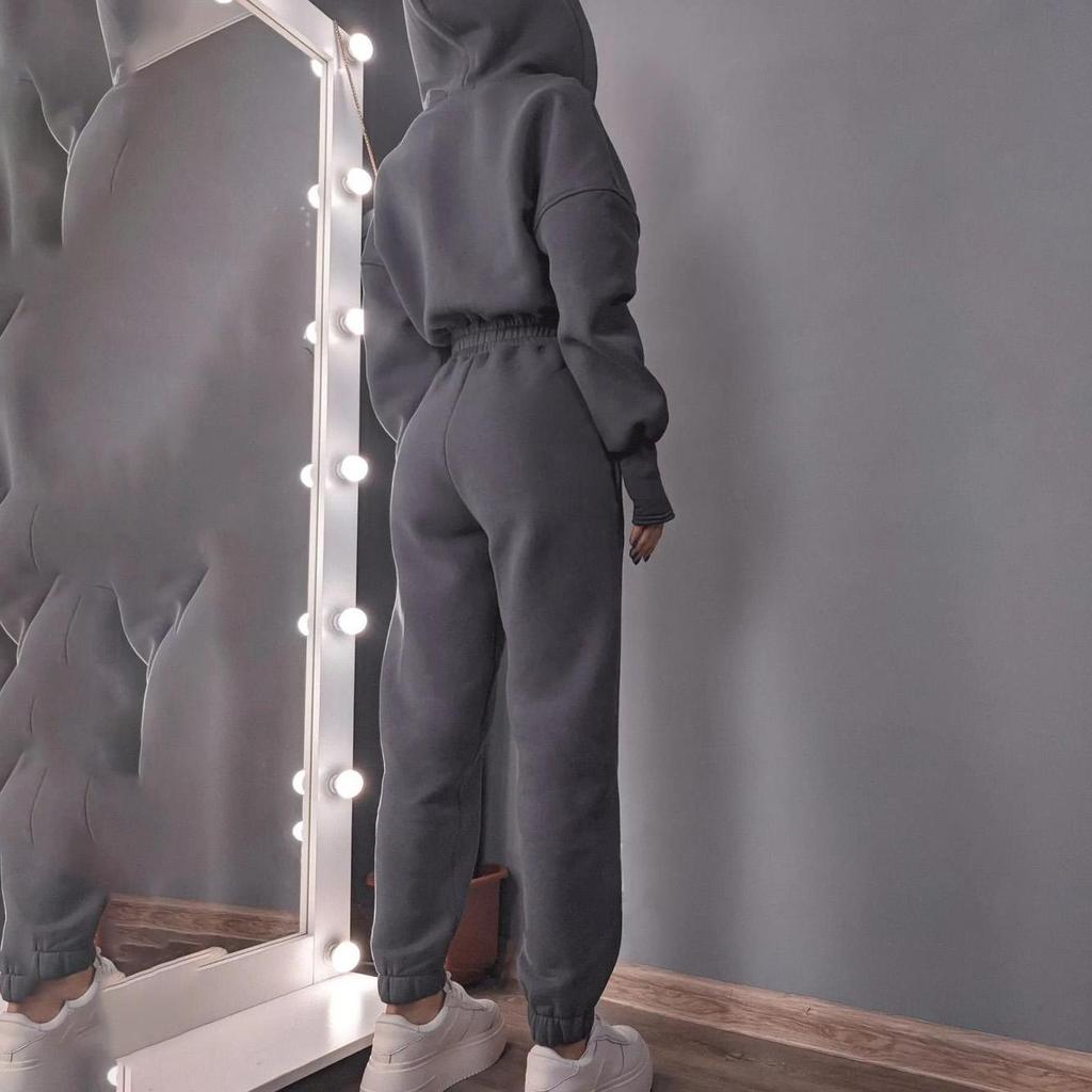 Women Solid Color Long Sleeve Hooded V Neck Hoodies Suit Autumn Winter Loose Top Wide Leg Pants Jumpsuits