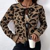 Women Autumn Winter Long Sleeve Lace-Up Leopard Knitted Cardigan Coat