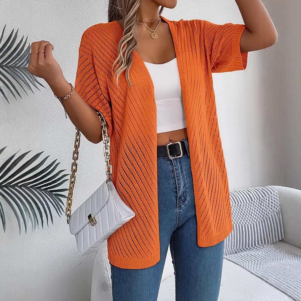 HNXC Summer Hollowed-out Short-sleeved Knitted Cardigan for Vacation Sun Protection Women's Wear