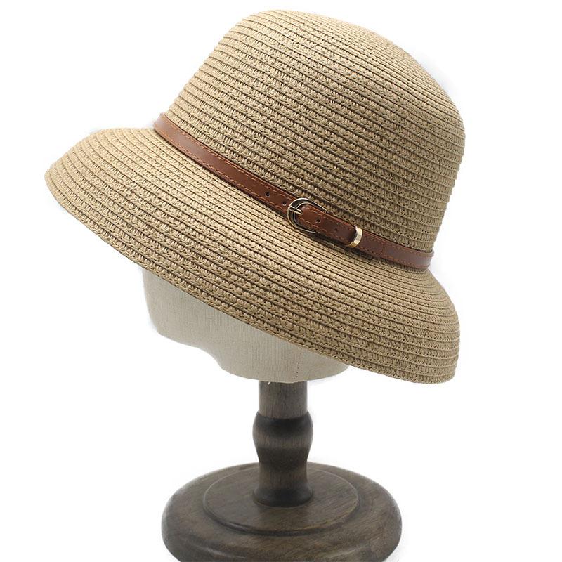 Elegant belt straw hat women's summer simple casual bucket hat seaside vacation sunscreen sunshade beach hat