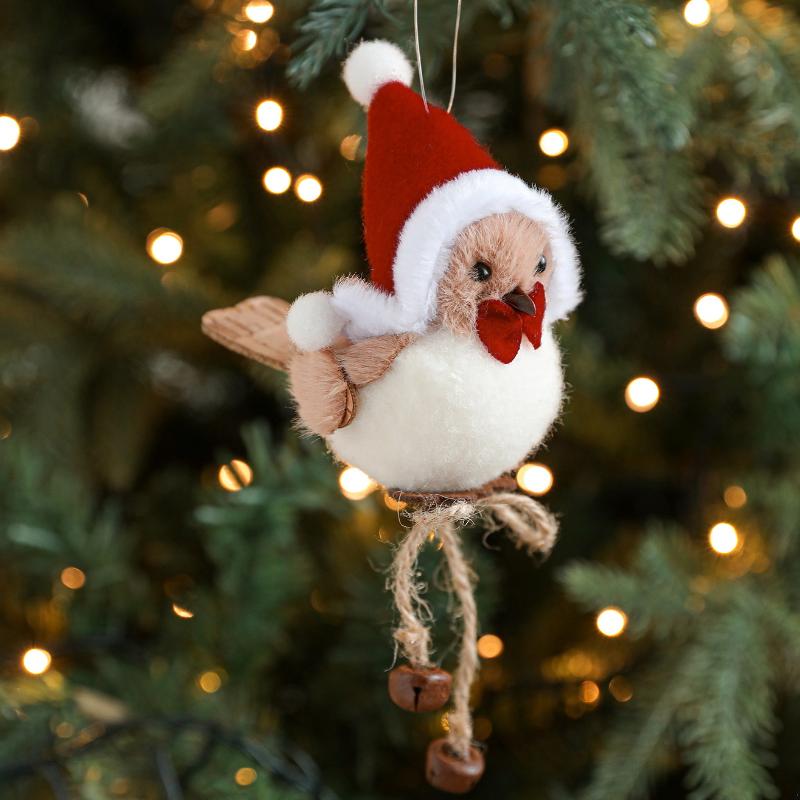 1Pcs Year Christmas Tree Hangings Faux Foam Bird Ornament Pendant Wool Felt Red Scarf Hat Birdie Navidad Decoration