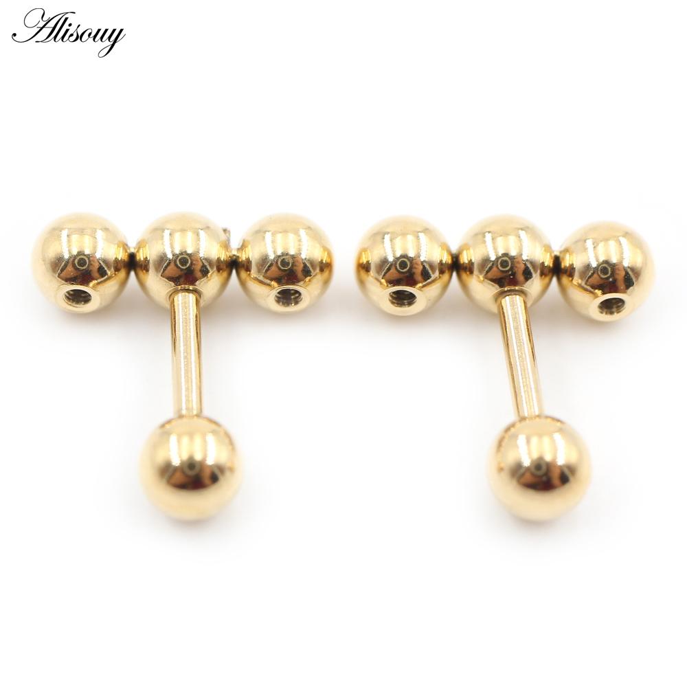Alisouy 2PC нержавеющая сталь резьба три шарика фасоль женщины мужчины девушка серьги гвоздик хрящ винт серьги пирсинг ювелирные изделия