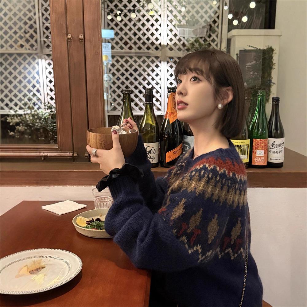 Темно-синий свитер из мохера с жаккардовым узором в стиле Fair Isle для женщин - Осень/Зима Корейский стиль Рождественская атмосфера Свободный крой