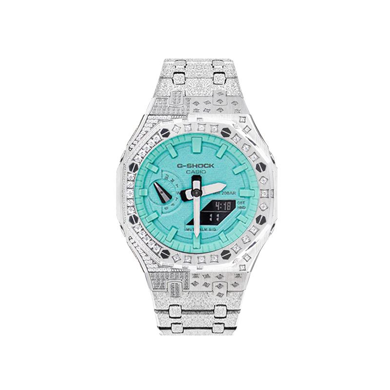 CASIO Customized watch modified series Ice Lake Silver Wave Diamond Model Trendy Modified Waterproof Luminous Quartz Stee GA-2100-1A