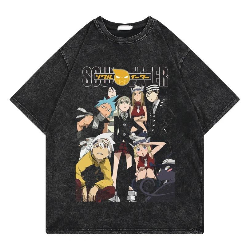 Футболка Soul Eater Винтажная стираная футболка Аниме Печать Графика Уличная одежда Хип-хоп Свободная футболка Y2k Летняя повседневная хлопковая футболка