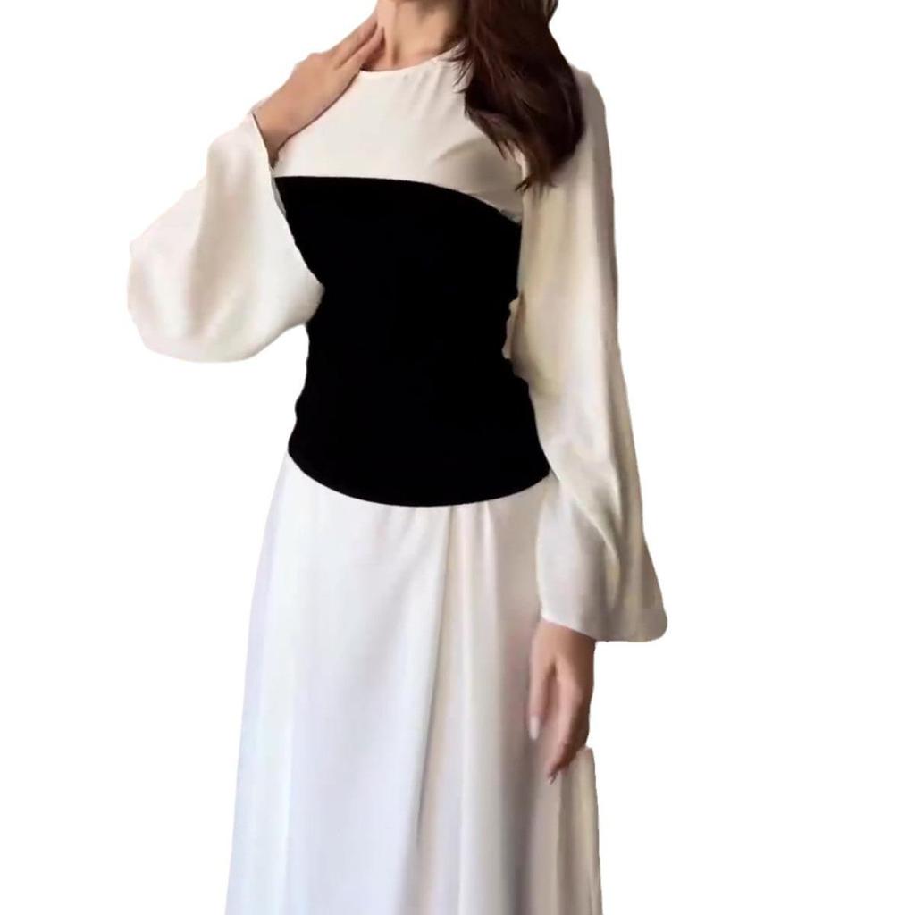 Осень 2023 Черно-белое лоскутное платье макси для светской львицы, стройнящее талию, для женщин