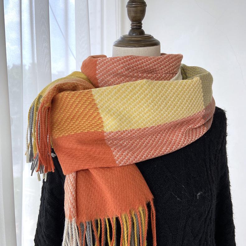 Women's Cashmere Scarf Green Plaid Vintage Winter Korean Thick Warm Long Tassel Shawl Neck Christmas Gift Fashion Accessories