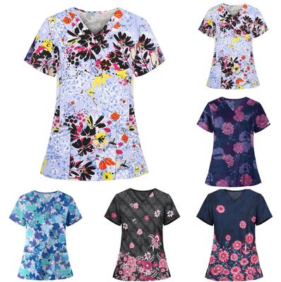 Женские модные удобные топы для ухода с короткими рукавами и карманами с v-образным вырезом и принтом