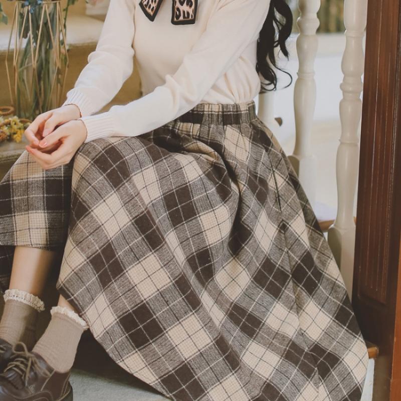 Mori Girl, осенне-зимняя женская элегантная юбка с высокой талией, винтажная клетчатая теплая шерстяная юбка, шерстяные шикарные розовые, синие, цвета хаки, женские юбки