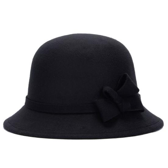 Women Cap Solid Color Bowler Cap Faux Wool Wide Brim Cloche Hat for Tea Party Church Wedding