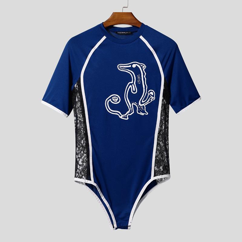 INCERUN Мужские комбинезоны с коротким рукавом, пэчворк с боковой шнуровкой, облегающие ромперы, домашняя одежда