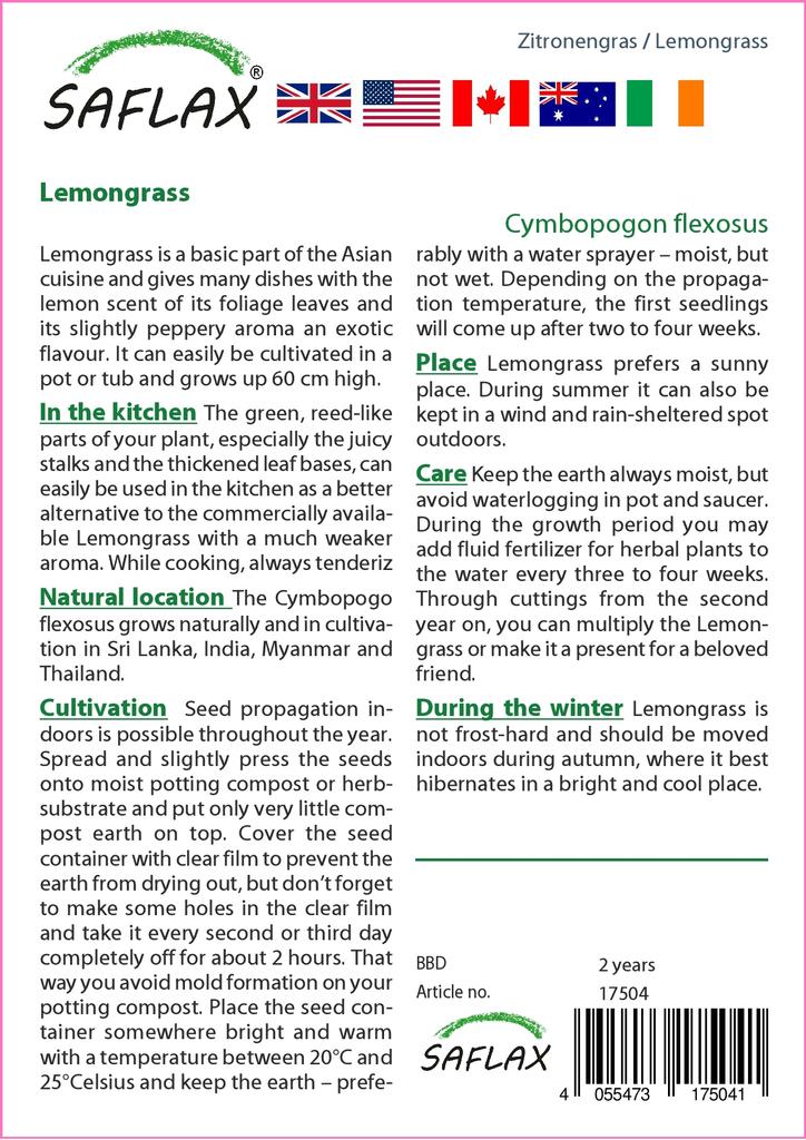 SAFLAX Garden in the Bag - Лемонграсс - 50 семян - С субстратом в подходящем пакете - Cymbopogon flexosus