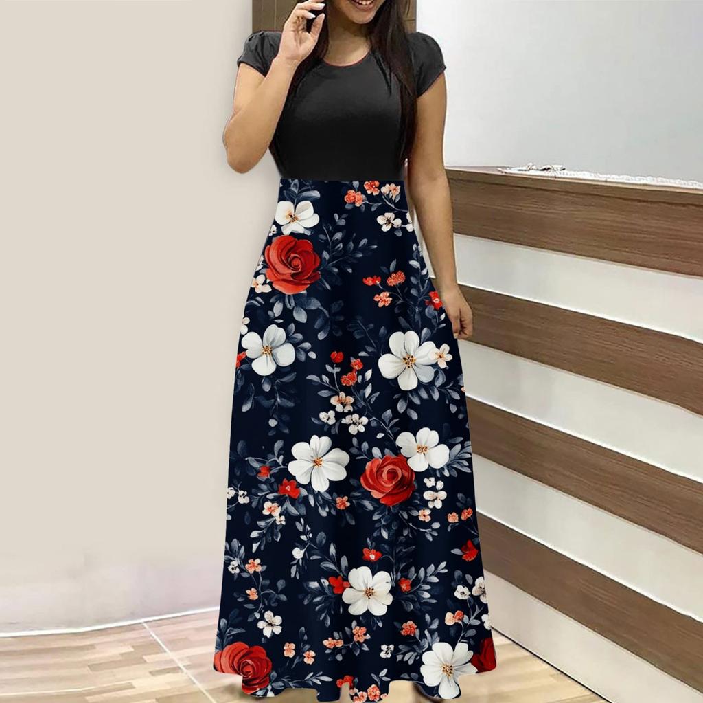 Женская мода повседневные свободные принтованные платья с круглым вырезом и коротким рукавом длинные платья с коротким рукавом длинные платья