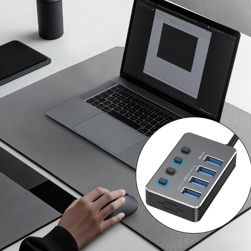 Высокоскоростной USB 3.0 адаптер с 4 портами, независимыми переключателями, светодиодными индикаторами и питанием Type-C для быстрой передачи данных