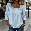 Skin-friendly Fabric Shirt Women Square Collar 3/4 Sleeve Pure Color Casual Loose Fit Tops Blouse Lace Splicing Summer Breathable