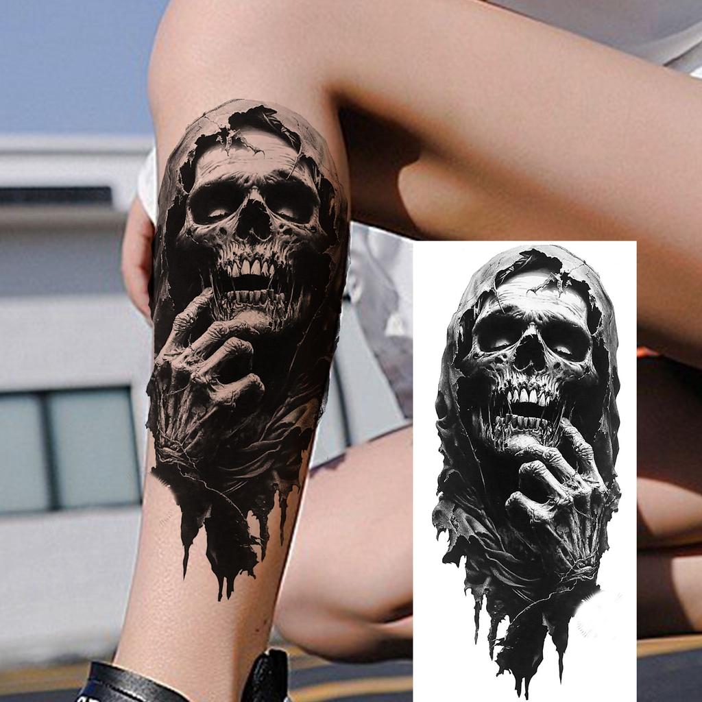 1 Sheet Scary Grim Reaper Skull Temporary Tattoos Halloween Tatoos Long Lasting Waterproof Tiger Wolf Beast Fake Tattoo Stickers