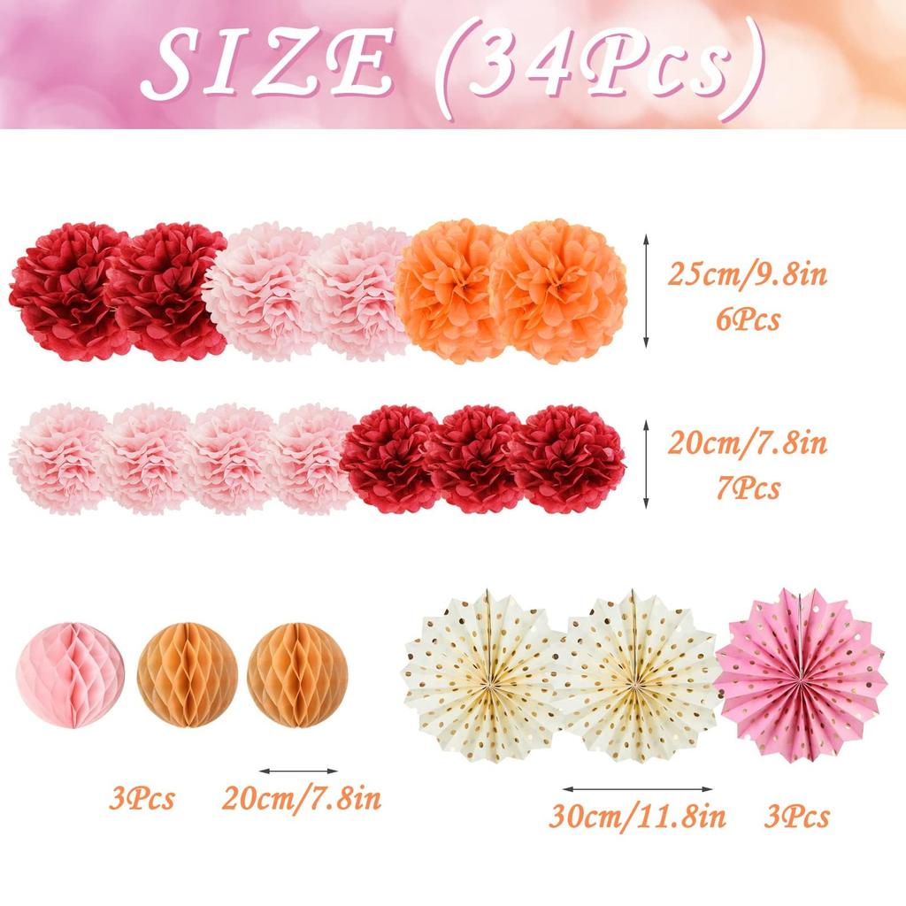 SUNBEAUTY Дневные украшения Розовые бумажные веера Украшения для вечеринки Подвесные бумажные помпоны Веера-цветы Шары-соты для Дня рождения Свадьбы На открытом воздухе