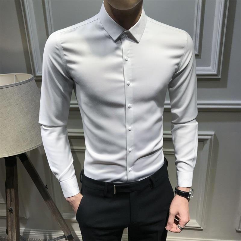 Мужская рубашка с длинным рукавом, модная, деловая, однотонная, с лацканами, классического стиля, повседневная, облегающая, офисная одежда