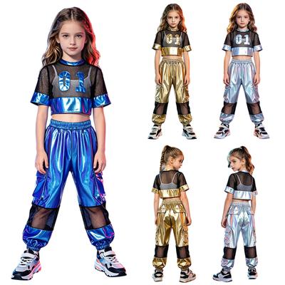 Girls Metallic Patchwork Hollow Mesh Number Graphic Crop Top Shiny Cargo Pants Hip Hop Jazz Dance Set