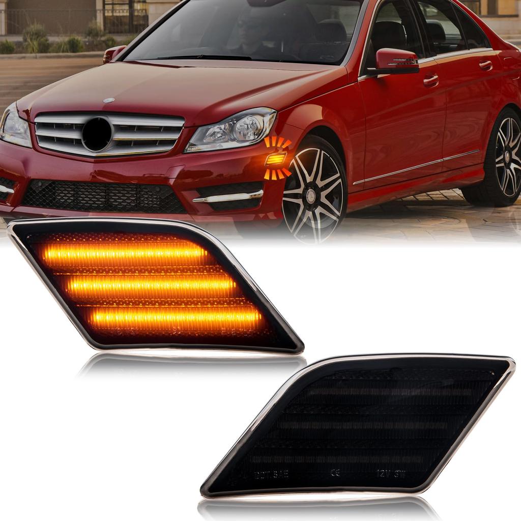 POPMOTORZ W204 Side Turn Flashing LED Side Markers for and Genuine Replacement High Set of Smoked Lenses Signals, C300, C350, C63, AMG, Accessories,
