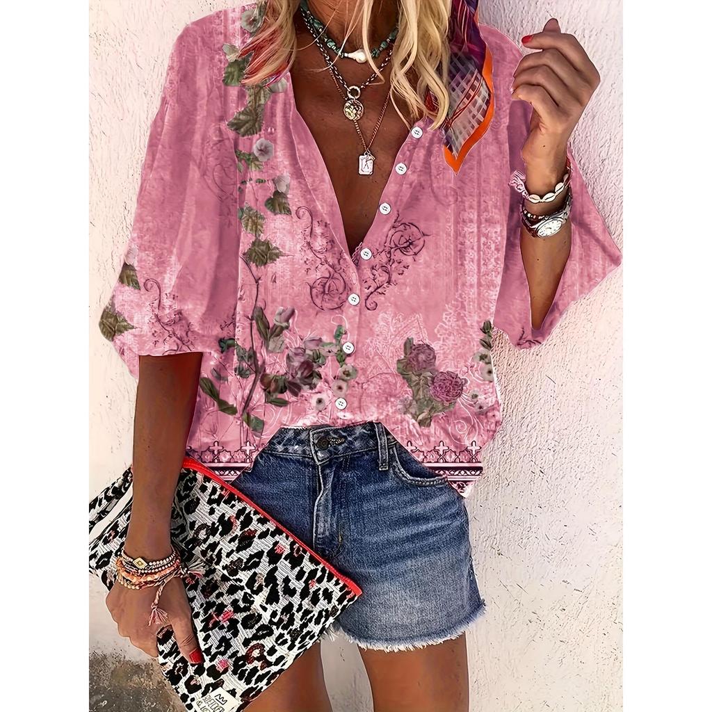 Летняя мода Стойка воротник Свободный крой На пуговицах Ретро принт Повседневные Рукава семь восьмых Женские блузки и рубашки