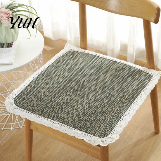 Thin Seat Pad for Home Cotton Linen Chair Pad, Striped Plaid Dining Mat with Lace Trim, Rustic Style Breathable Ties Office Barstool Non Slip Kitchen