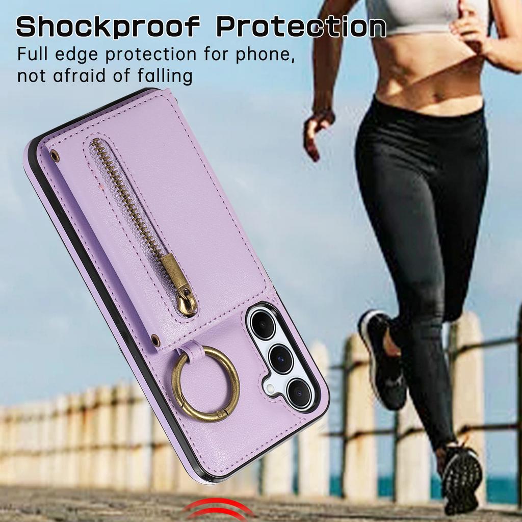 Для Samsung Galaxy A26 5G Кожаная задняя крышка Кошелек на молнии Подставка Чехол для телефона с плечевым ремнем